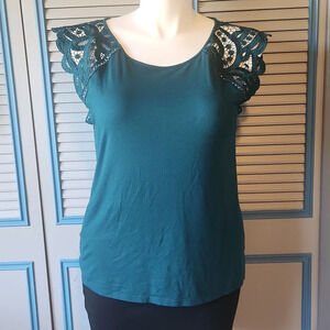 LOFT Teal Crochet Sleeve Short Sleeve Top